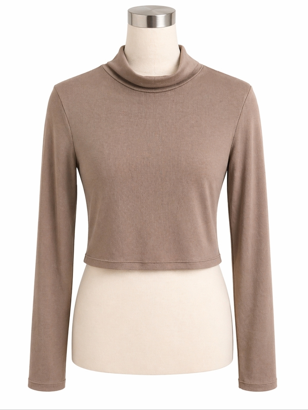 Reoria NWT Brown Cropped Mock Neck Long Sleeve Stretch Knit Top Sz L Minimalist
